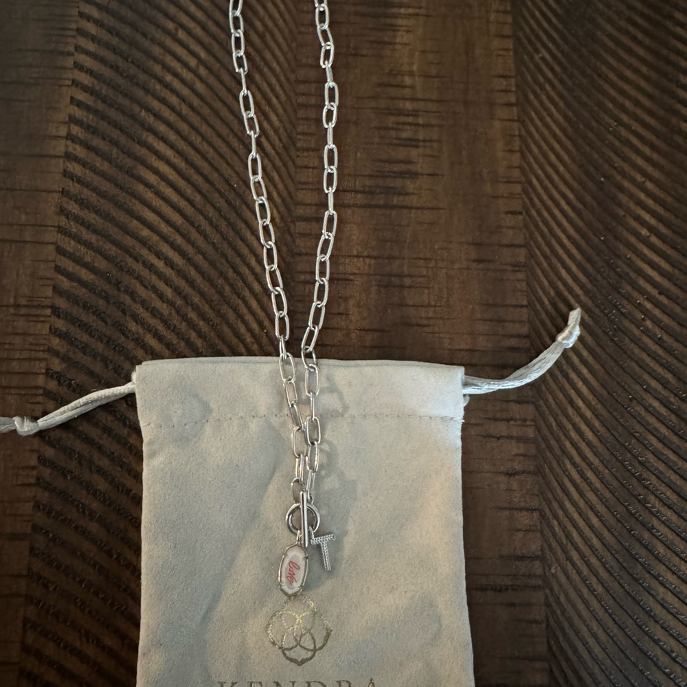 Kendra Scott Ellie Silver “T” Initial Necklace with Love Pendant